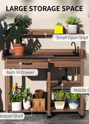 Potting Bench Table, Outdoor Garden Table Wooden Work Station with Removable Sink, Faucet, Drawer, Shelves, Hooks, Dark Brown