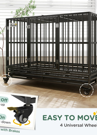 48" Heavy Duty Dog Crate Metal Cage Kennel with Lockable Wheels, Double Door and Removable Tray, gray