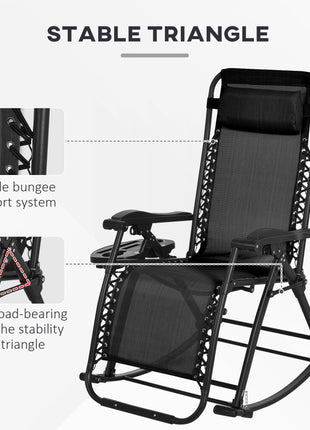 2 Outdoor Rocking Chairs Foldable Reclining Zero Gravity Lounge Rockers w/ Pillow Cup & Phone Holder, Black