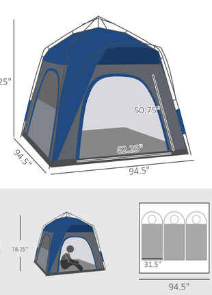 3 Person Pop Up Camping Tent Quick Setup Automatic Hydraulic Family Travel Tent w/ Windows Doors Carry Bag, Blue