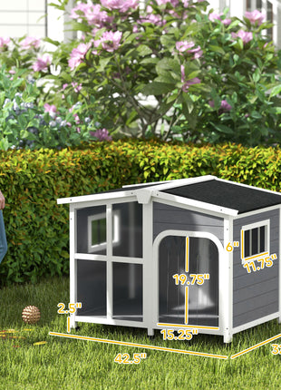 Cabin-Style Wooden Dog House for Large Dogs with Openable Roof & Giant Window, Dark Gray