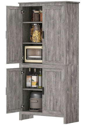 64" 4-Door Kitchen Pantry, Freestanding Storage Cabinet with 3 Adjustable Shelves for Kitchen, Gray Oak