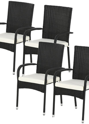 Stackable 4 PE Rattan Outdoor Dining Chairs with Cushions, Patio Wicker Dining Chairs with Armrests & Backrest, Cream White