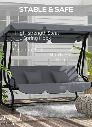 Free Standing Swing Bench, Porch Swing with Stand, Adjustable Canopy, Cushion and Pillows, Dark Gray