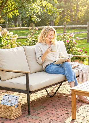 3 Seater Outdoor Patio Sofa, Outdoor Couch with Wood-Effect Armrests, Wicker Backrest, Cushions for Garden Yard, Khaki