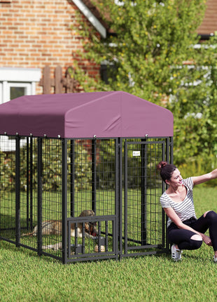 Welded Wire Outdoor Dog Kennel with 360° Rotating & 4 Levels Adjustable Bowls, Waterproof Cover, 7.9' x 4' x 6'