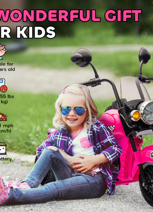 6V 3 Wheel Electric Motorcycle for Kids, Battery Powered Motorbike w/ Headlights, Music, Forward & Reverse, Pink