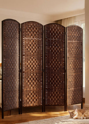 Room Divider 4 Panel, 6FT Tall Folding Privacy Screen, Freestanding Hand-Woven Partition for Room Separation with 360° Hinges, Paper Rope Diamond Weave, Brown