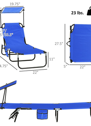 Pool Chaise Lounge Chairs Set of 2, Folding Lounge Chairs with Sunshade, Reclining Back, Steel Frame, Blue