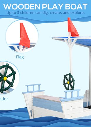 Kids Sandbox with Canopy, Pirate Ship Wooden Sand Boxes with Bench for Backyard, Sand Pit for Toddlers, 83" x 43", Blue