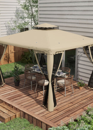 9.6' x 11.6' Patio Gazebo Outdoor Canopy Shelter with 2-Tier Roof and Netting, Steel Frame for Garden, Taupe