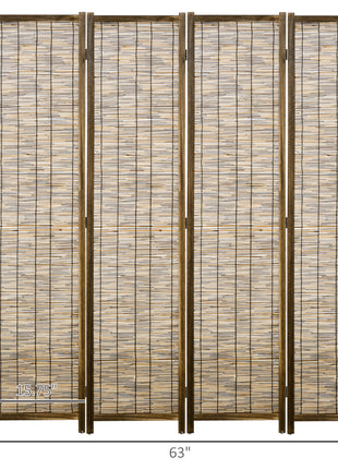 Hand Woven Room Divider, 4 Panel Folding Privacy Screen, Indoor Reed Partition Wall, 63"x67"x0.75", Brown