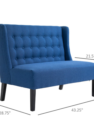 Armless Couch Wingback Double Sofa Linen Fabric Upholstery Button Tufted Loveseat Modern Living Room Settee, Blue