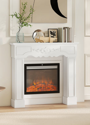 Baroque Fireplace Mantel, Freestanding Fireplace Surround with Leg for Electric Fireplaces, 43.3" W x 39.8" H, White