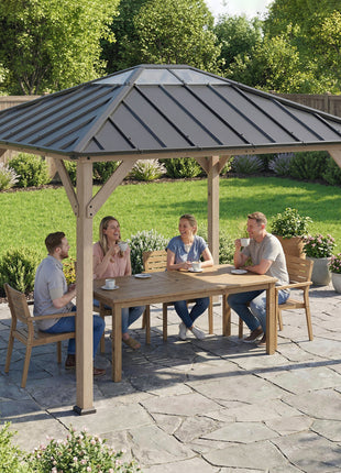 10' x 12' Hardtop Gazebo with Galvanized Steel Roof, UPF50+ Wood Permanent Pavilion with Clear Roof Top, Light Walnut