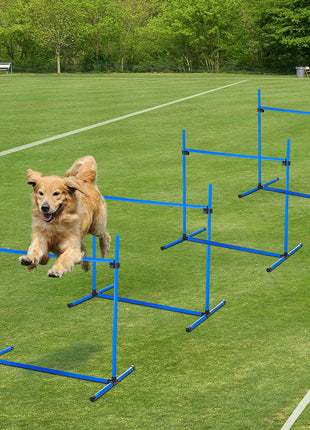 4 Piece Dog Agility Starter Kit with Adjustable Height Jump Bars, Included Carry Bag & Displacing Top Bar - Blue