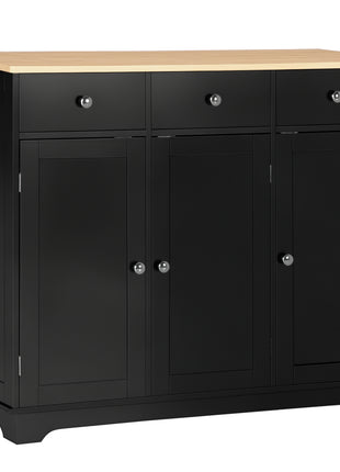 Kitchen Storage Cabinet, Sideboard Floor Cupboard with Solid Wood Top, Adjustable Shelf, and 3 Drawers, Black