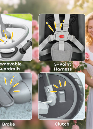 6 in 1 Kids Tricycle with Adjustable Push Handle, Removable Canopy, Reversible Seat, for 1-5 Years, Gray