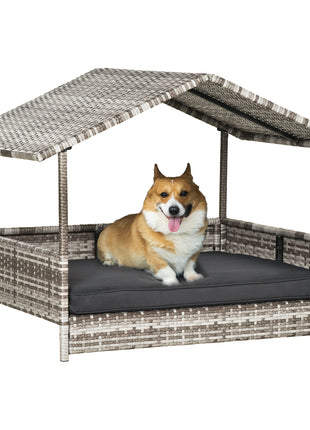 Wicker Dog House Elevated Raised Rattan Bed with Removable Cushion Lounge, Charcoal Gray