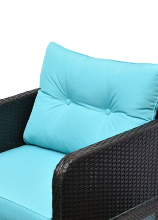 5 Pieces Rattan Wicker Lounge Chair Outdoor Patio Conversation Set with 2 Cushioned Chairs, 2 Ottomans and Tempered Glass Top Coffee Table, Brown/Blue