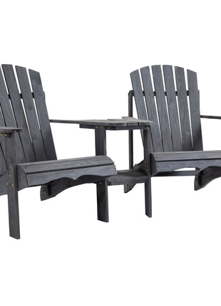 Outdoor Wood Adirondack Chair Reclined Bench w/ Coner Table & Umbrella Hole
