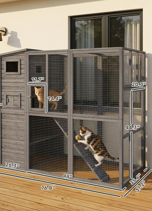Wooden Outdoor Catio with Platforms, Asphalt Roof, Ramps, Gray