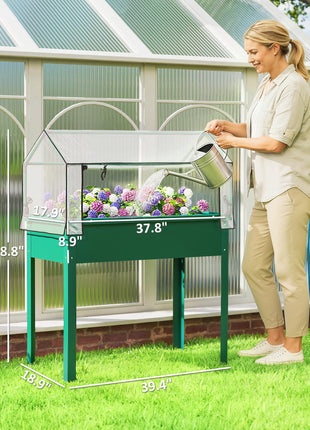 Elevated Garden Box with Greenhouse Cover, Raised Garden Bed with Legs and Drainage Hole for Vegetables, Green