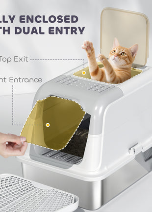 Extra Large Stainless Steel Litter Box, Enclosed Cat Litter Box with Scoop, Deodorizer Bag, Sand Drop Pedal