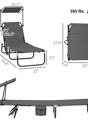 Pool Chaise Lounge Chairs Set of 2, Folding Lounge Chairs with Sunshade, Reclining Back, Steel Frame, Dark Gray