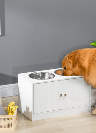 Large Elevated Dog Bowls with Storage Cabinet Containing Large 44L Capacity, Raised Dog Bowl Stand Pet Food Bowl Pet Feeding Station, White
