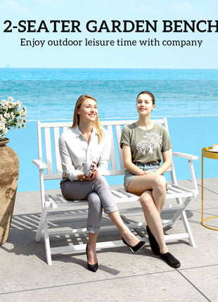 2-Person Foldable Wood Outdoor Bench with Backrest and Armrests for Garden, Porch, Park, Balcony, White