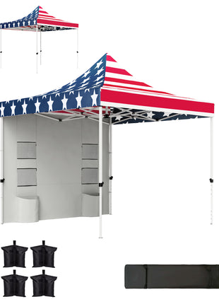 10' x 10' Heavy Duty Pop Up Canopy Tent with Sidewall, UPF50+ Instant Sun Shelter with Storage Pockets, American Flag