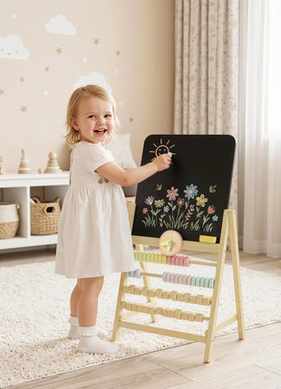 Wooden Kids Art Easel with Double-Sided Chalkboard, Clock, Abacus, Blackboard Eraser for Painting, for Ages 2+, Natural