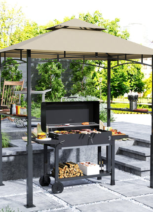 8' x 5' Outdoor Grill Gazebo, Barbecue Gazebo Shelter with LED Light, 2 Side Shelves, Hooks, Bottle Opener, Khaki