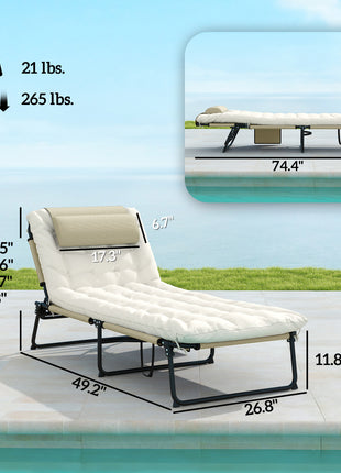 Folding Chaise Lounge Pool Chair with 4-level Reclining Back, Cushion, Side Pocket, Headrest, Beige
