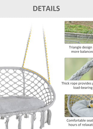 2-Person Hammock Chair Macrame Swing with Soft Cushion, Hanging Cotton Rope Chair for Indoor Outdoor Home Patio Backyard, Light Gray