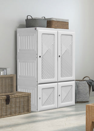 Portable Wardrobe, Foldable Clothes Storage Organizer with 3 Compartments, Hanging Rod, Magnet Doors, White