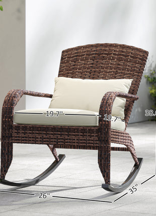 Adirondack Chair, Outdoor Wicker Rocking Chair with High Back, Seat Cushion, and Pillow for Porch, Balcony, Cream White