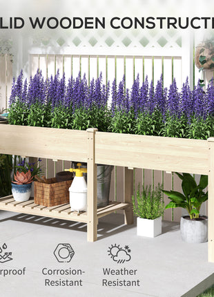 Wood Raised Garden Box, Elevated Garden Bed with Side Table, Bottom Shelf, Bed Liners and Drainage Holes, Natural