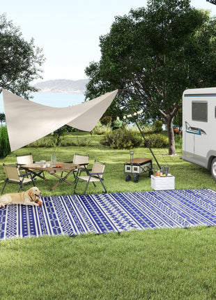 Reversible Outdoor Rug, Waterproof Plastic Straw with Carry Bag, 9' x 18', Blue & White Geometric Wall