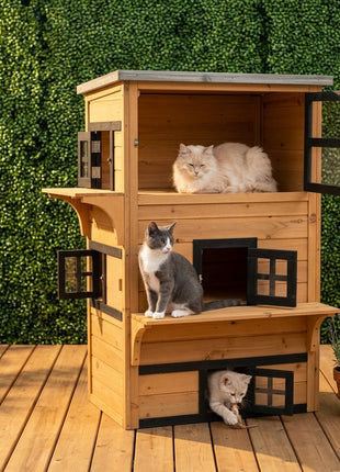 Outdoor Cat House, 3-Tier Kitty Shelter with 5 Escape Doors, Weather Resistant, Yellow & Black