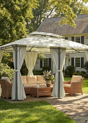 10' x 13' Patio Gazebo, Outdoor Gazebo Canopy Shelter with Curtains, Vented Roof, Steel Frame for Garden, Lawn, Backyard and Deck, Cream White