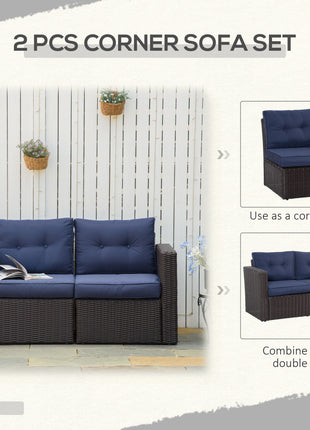 2 Piece Patio Wicker Corner Sofa Set, Outdoor PE Rattan Furniture, with Curved Armrests and Padded Cushions for Balcony, Garden, or Lawn, Dark Blue