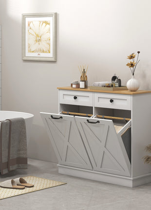 Tilt Out Laundry Hamper Cabinet, Bathroom Storage Cabinet with 2 Removable Baskets and 2 Drawers, White