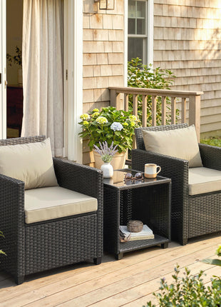 3 Piece Patio Bistro Set, Wicker Furniture Set with Thick Cushions, Glass Coffee Table and Chairs for Garden, Beige
