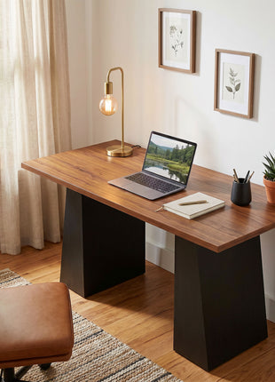 63 Inch Computer Desk with Trapezoidal Frame Light Walnut and Black