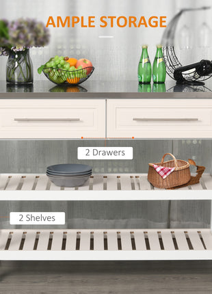 Kitchen Island with Stainless Steel Top, Traditional Kitchen Island with Storage, Butcher Block Cart 2-Tier Open Shelves, Drawers, White