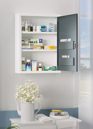 Bathroom Medicine Cabinet with Shelves Inside & On Door, Locking Medical Cabinet for Child & Pet Safety, First Aid Bathroom Wall Cabinet, White and Gray