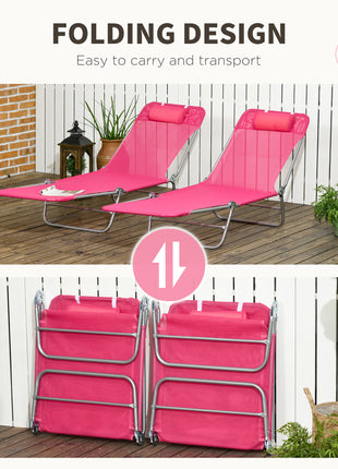 2 Piece Folding Chaise Lounge Chairs, Pool Sun Tanning Chairs with Reclining Back, Breathable Mesh Seat, Pink