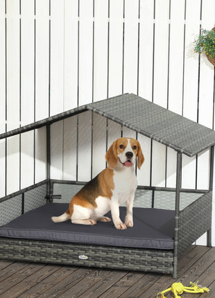 Outdoor Dog Bed with Canopy, Rattan Dog Bed with Soft Cushion Removable Cover for Medium and Large Dogs, Dark Gray
